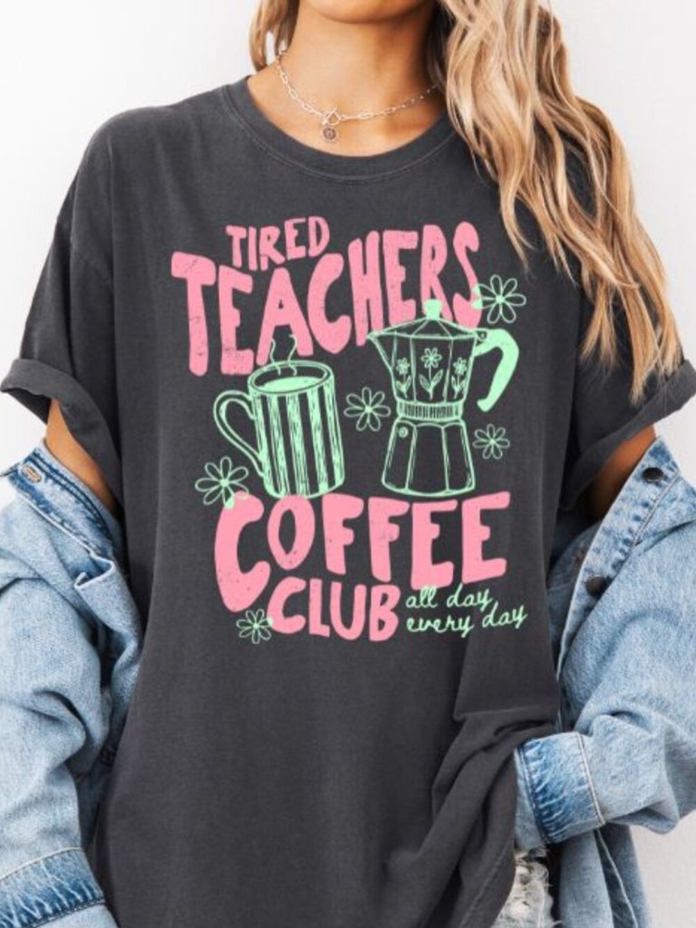 NEW Funny Tired Teachers Coffee Club Cute Teacher Crewneck Graphic Tee Shirt
